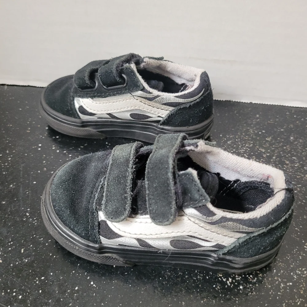 Kids Black Suede Vans With Silver Flames Sneakers
